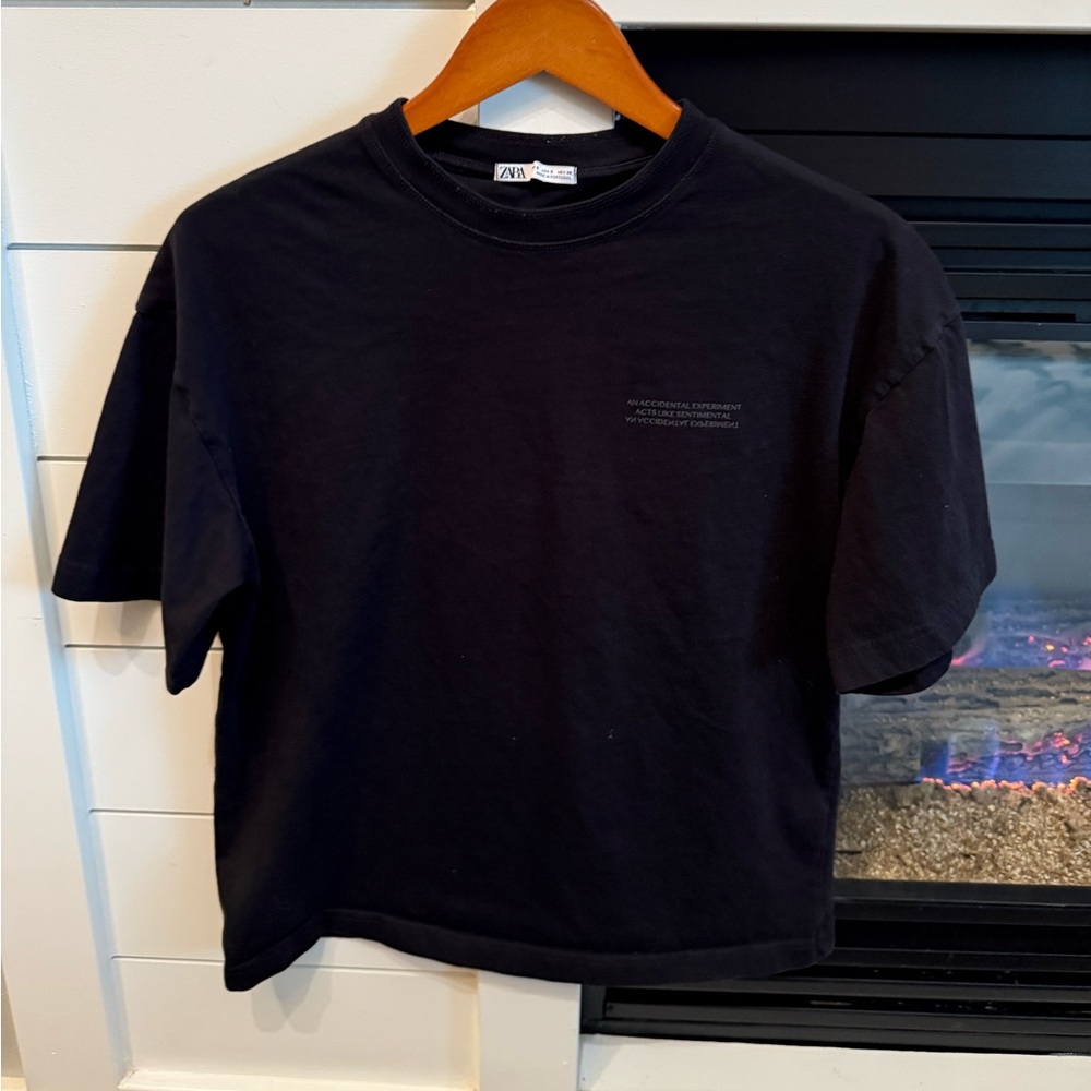 Zara, men’s small basic black short sleeve T-shirt, small quotation Street style